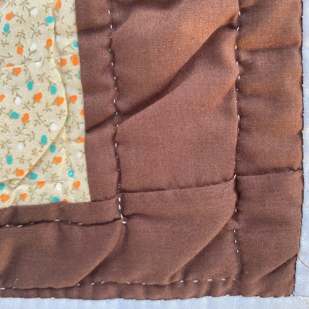 Vintage Handmade Patchwork Quilt Star‎ Geometric Orange Brown Calico 70s Retro - Picture 4 of 15